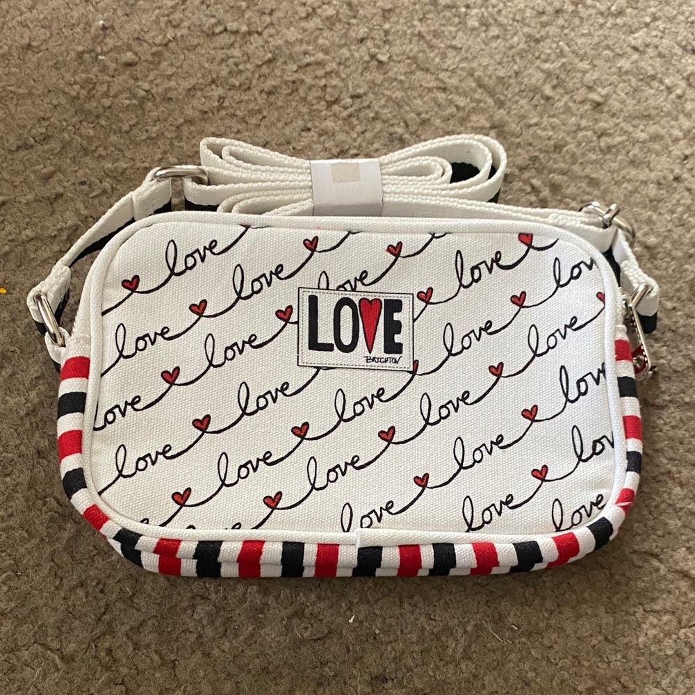 Brighton Love Script Crossbody Bag - White, Black, and Red. NWOT.